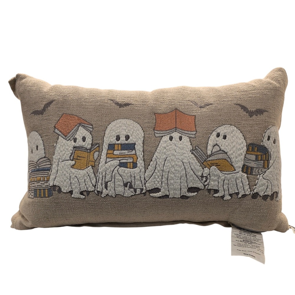 Cynthia Rowley Reading Ghosts Halloween Lumbar Pillow Embroidered 14x24 NEW